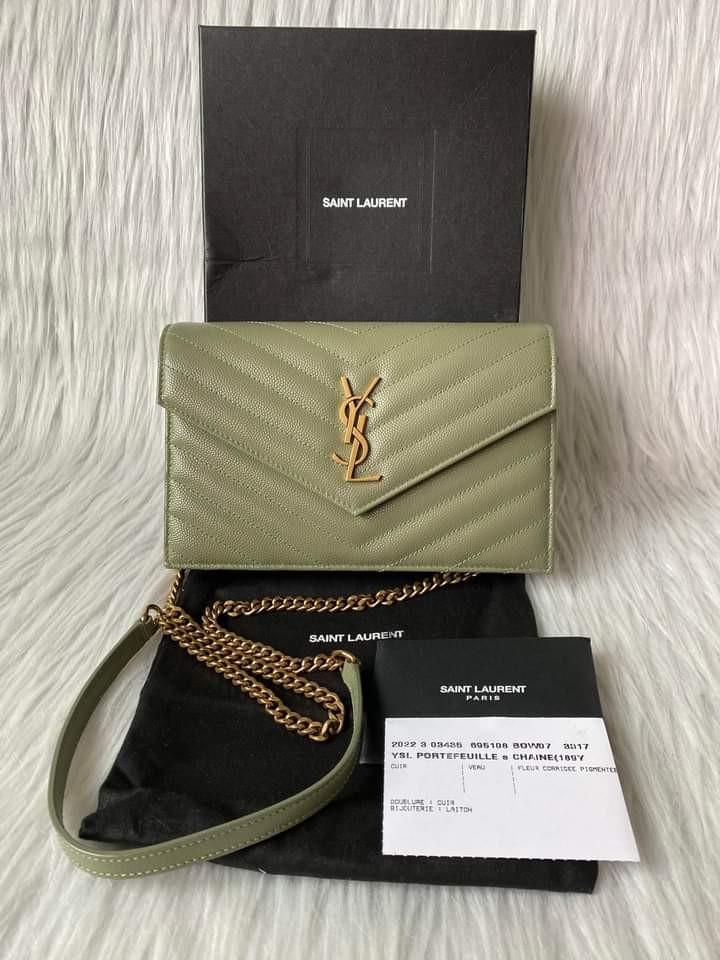 Saint Laurent Small Envelope WOC (Category: Luxury Bags & Wallets) located in Manila. Submitted by bagislifeshop (Listing ID 1185000753, Image 1). Description: ▪️Saint Laurent Small Envelope WOC▪️ ☑️Available in Pampanga ✅Condition: Unused ( 2022 collection) ✅Material: grained calf leather ✅Size: 19 X 12.5 X 3.5 CM ✅Colour: Light sage in bronze- toned metal hardware ✅Inclusions: Full set except receipt .