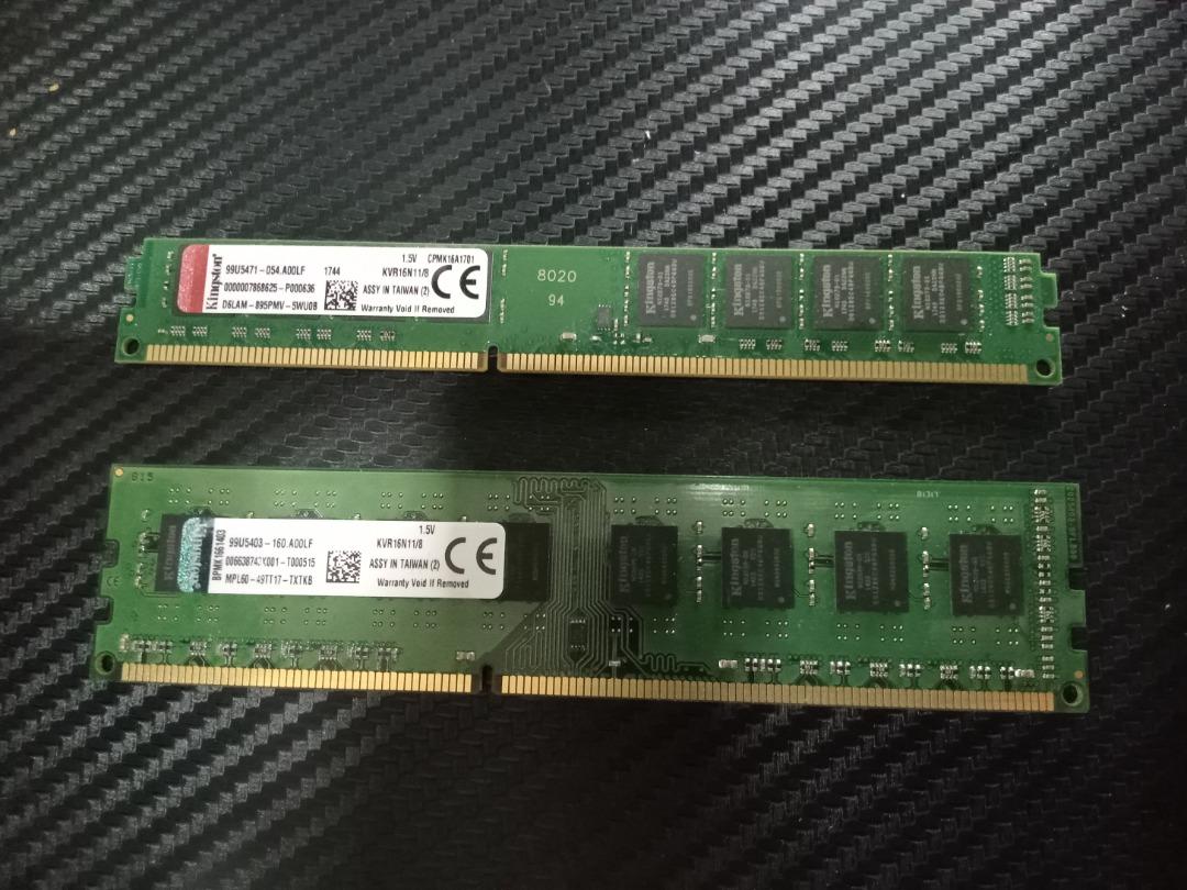 USED Kingston Desktop PC DDR3 RAM 8GB 1600MHz x2 KVR16N11 8
