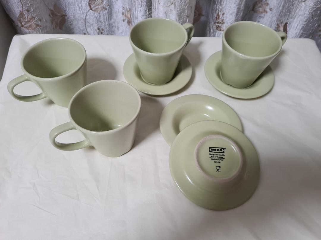 4 Ikea Espresso Coffee Cups olive green Coffee Cups with small plate, Furniture & Home Living