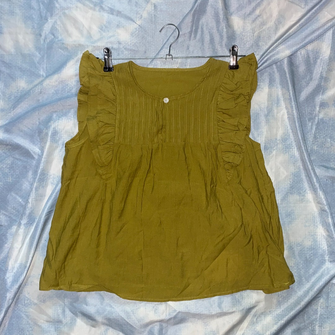 BKK Avocado-Colored Blouse With Ruffles, Women's Fashion, Tops ...