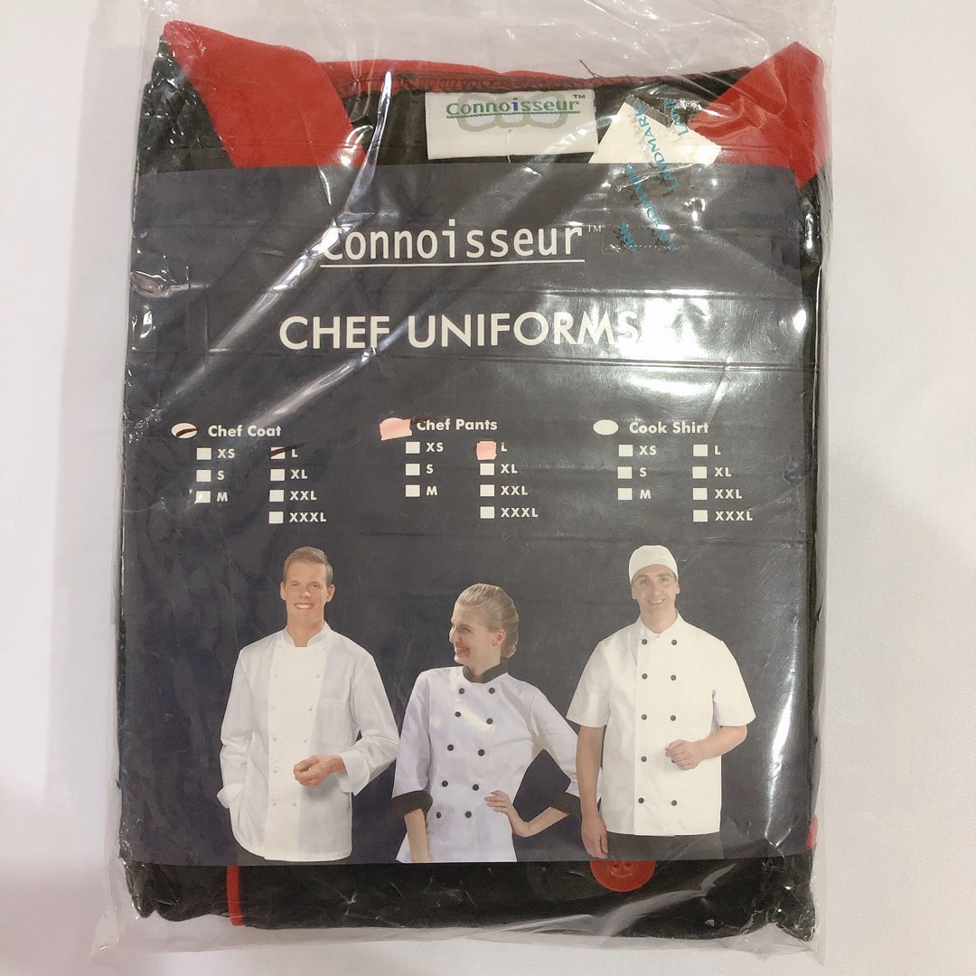 CONNOISSEUR CHEF UNIFORM BLACK RED CHEF COAT KITCHEN ATTIRE, Men's