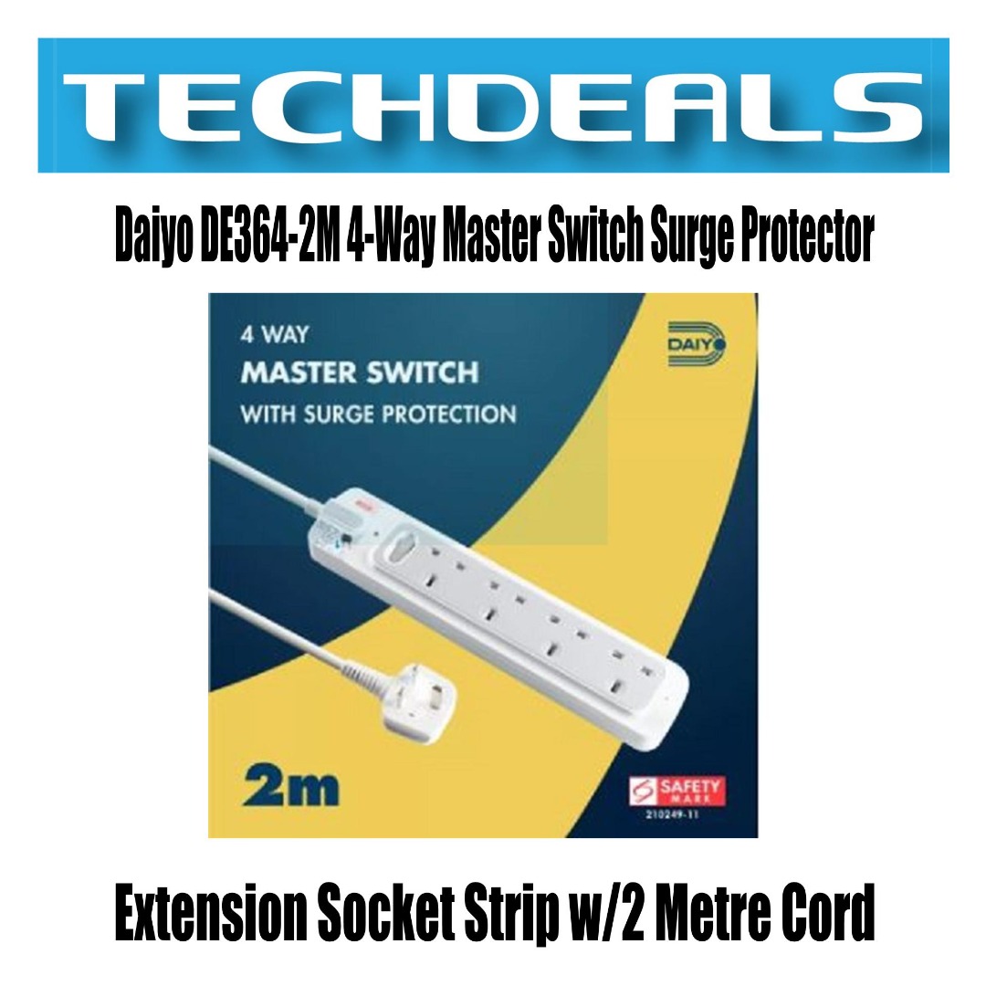 Daiyo Master Switch Surge Protector Extension Socket Strip w/2 Metre ...