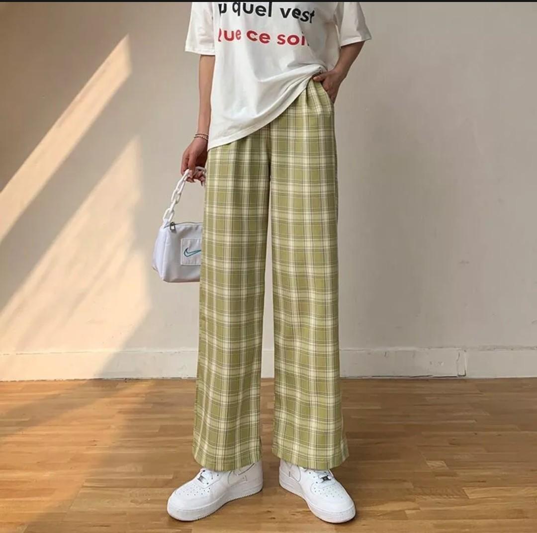 Gingham wide cheap leg pants