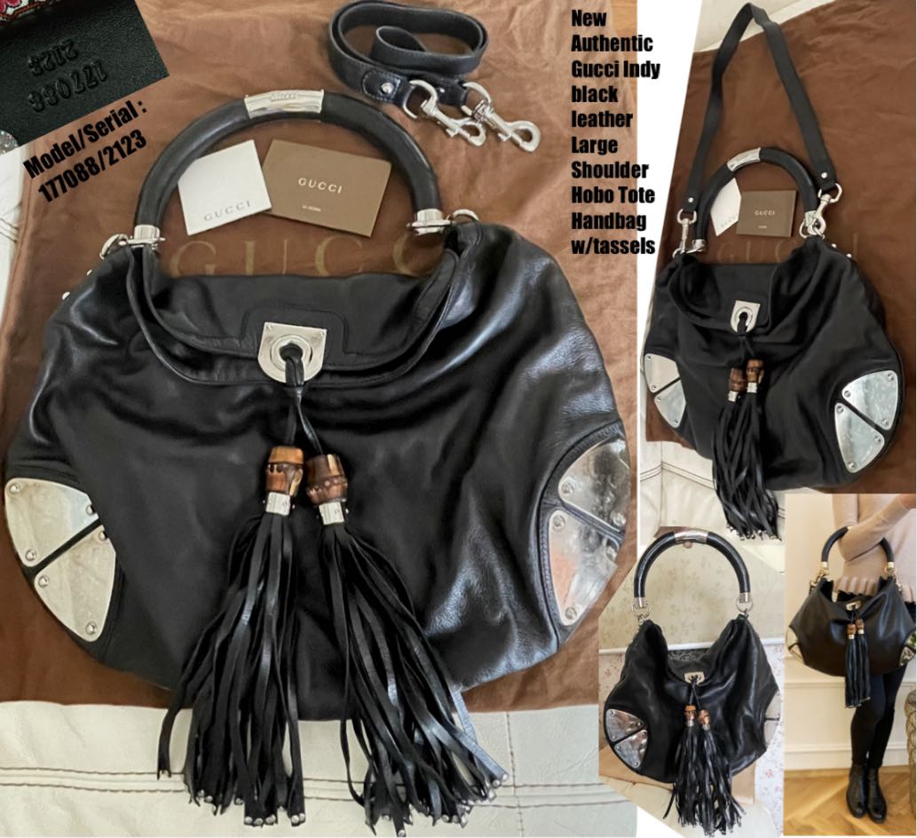 New Authentic Gucci Indy full leather logo print Large Hobo Tote Handbag w tassels