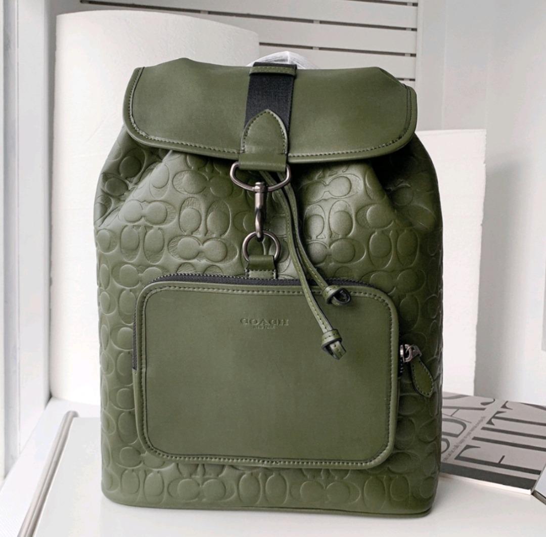 New Coach Original Special Limited Green Olive Collection Embossed Sullivan Backpack In Signature Leather Laptop Backpack For Men Come With Complete