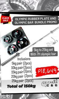 Olympic bar and Olympic plates barbell set bundle promo