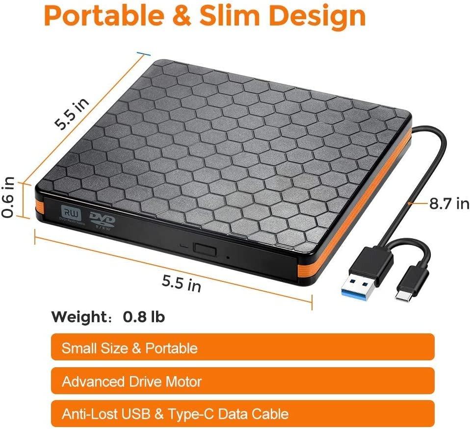 Raycue DVD Drive, External CD Drive with USB 3.0 Type C, Portable