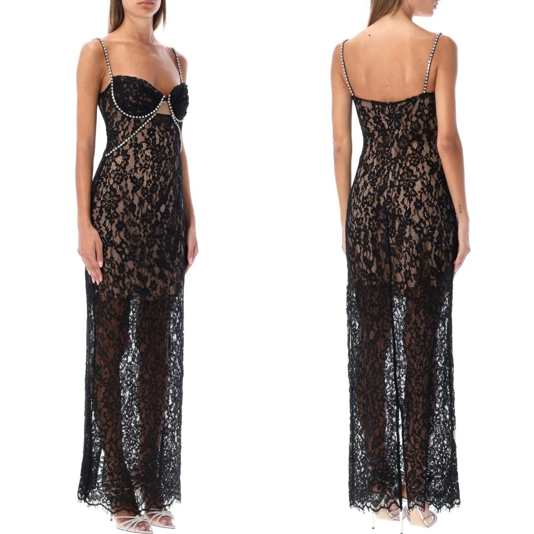 chinese dress ladies Champagne Rhinestone Lace Trim Maxi Dress – self-portrait-US