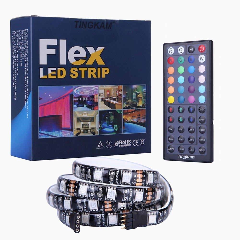 Tingkam 1M 5050 RGB Colour Changing LED Strip Kit 44 Key Remote Controller 1.5A US Plug Power Supply Mood Lights for Cabinet Dispaly TV Back Decoration Furniture Home Living Lighting Fans