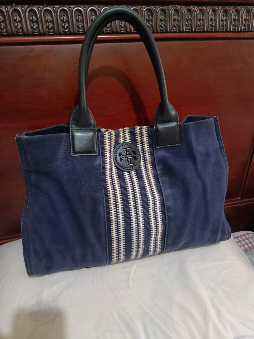 Tory Burch Denim Hand Tote Bag Women With Key Blue Camel Leather
