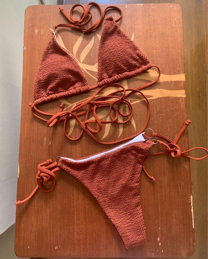 Triangle Tie-Side Bikini with Long Strings (textured), Women's Fashion ...