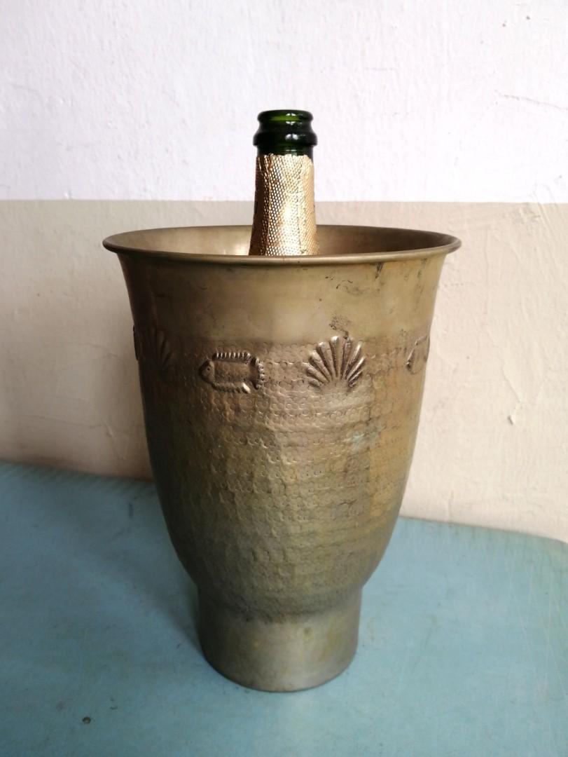 Vintage Hammered Brass Wine Champagne Bucket, Furniture & Home Living