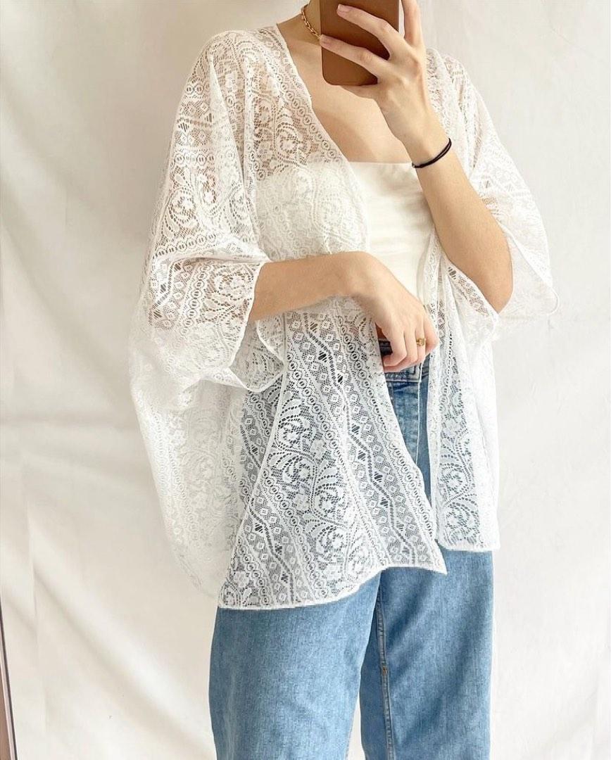 BN White Lace Kimono, Women's Fashion, Tops, Other Tops on Carousell