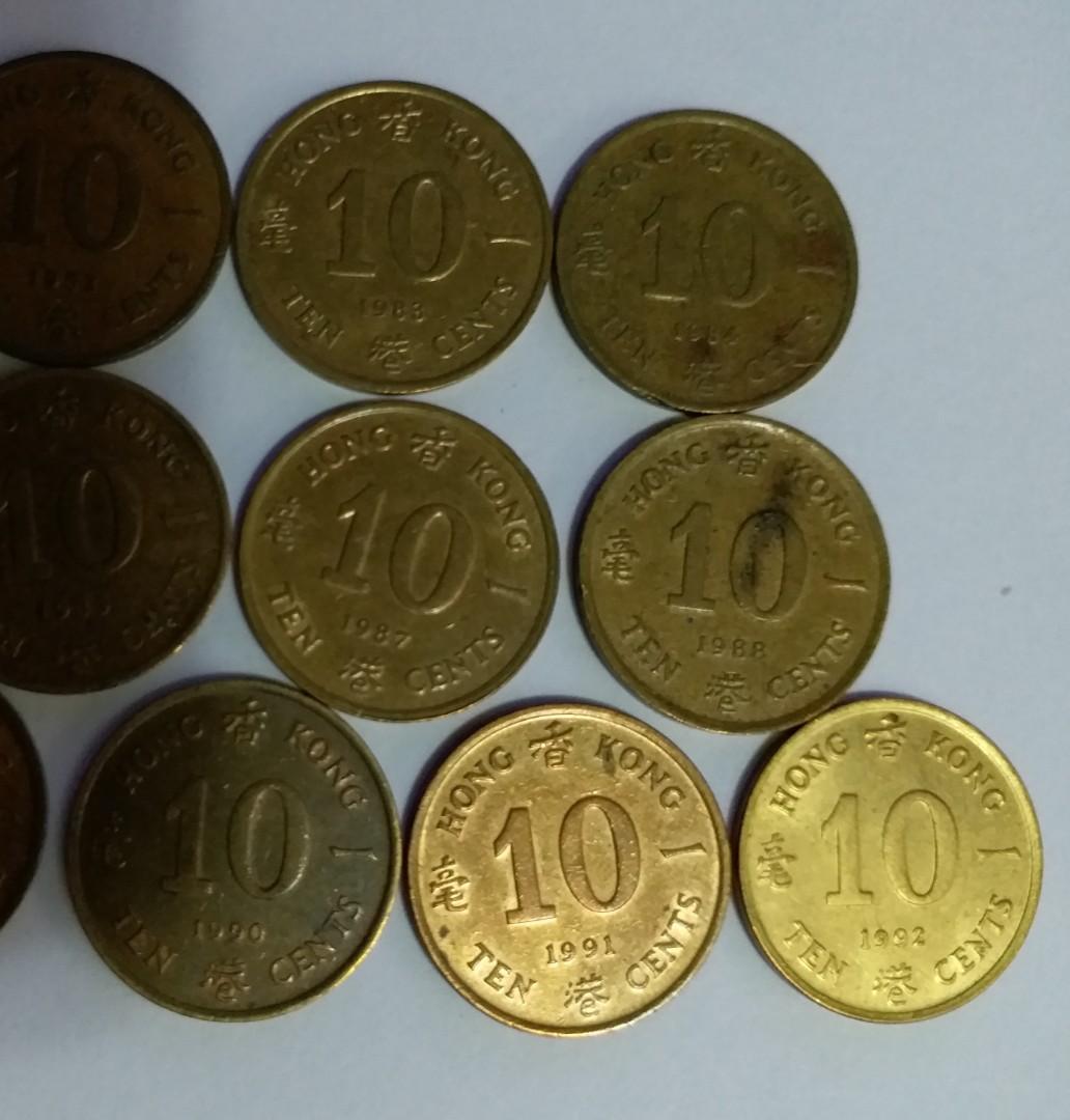 10個英女皇頭一角硬幣: 1982年、83年、84年、85年、87年、88年、89年、90年、91年、92年, 10個$0.1 錢幣共$50,  圖是實物, 新舊見圖, 興趣及遊戲, 收藏品及紀念品, 錢幣- Carousell