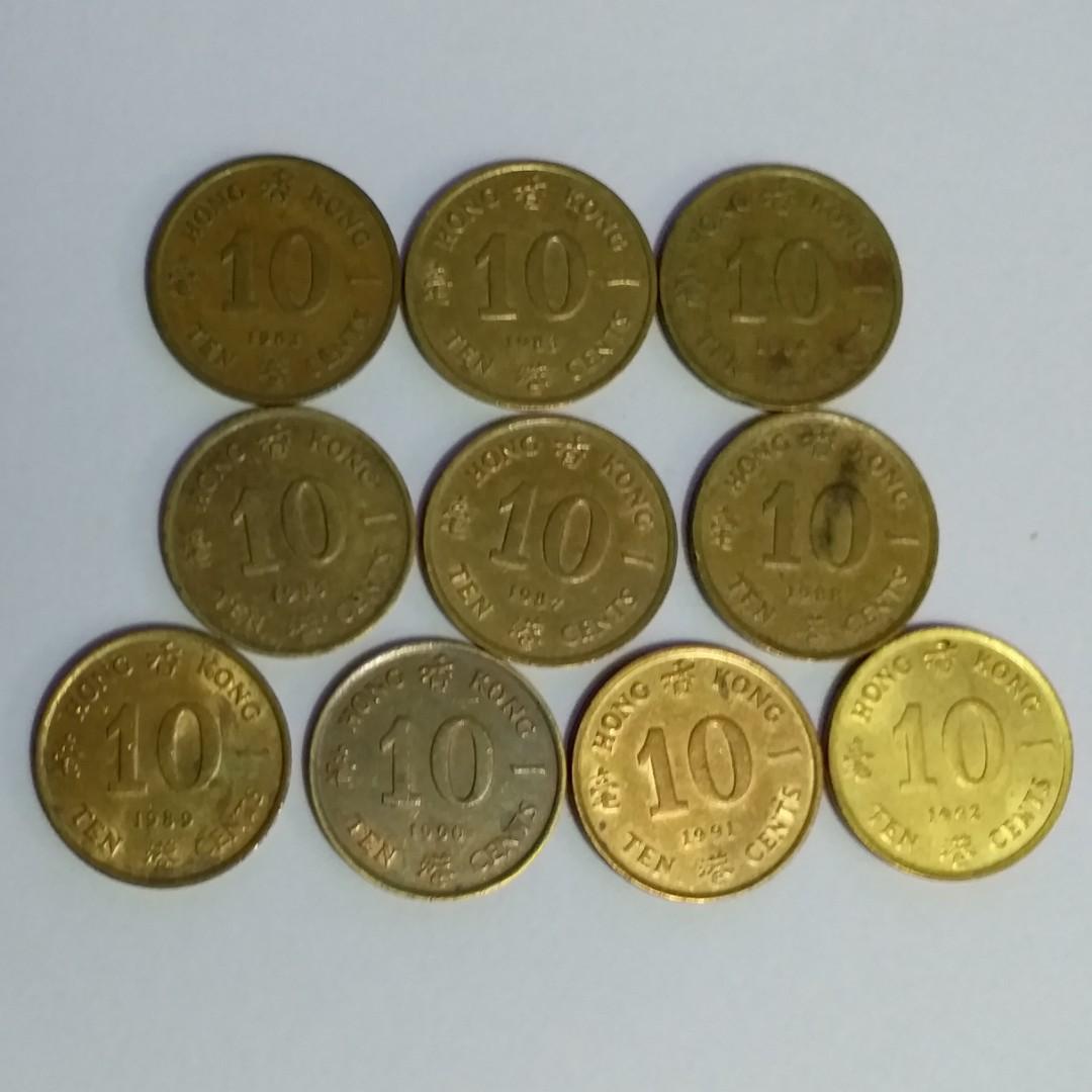 10個英女皇頭一角硬幣: 1982年、83年、84年、85年、87年、88年、89年、90年、91年、92年, 10個$0.1 錢幣共$50,  圖是實物, 新舊見圖, 興趣及遊戲, 收藏品及紀念品, 錢幣- Carousell