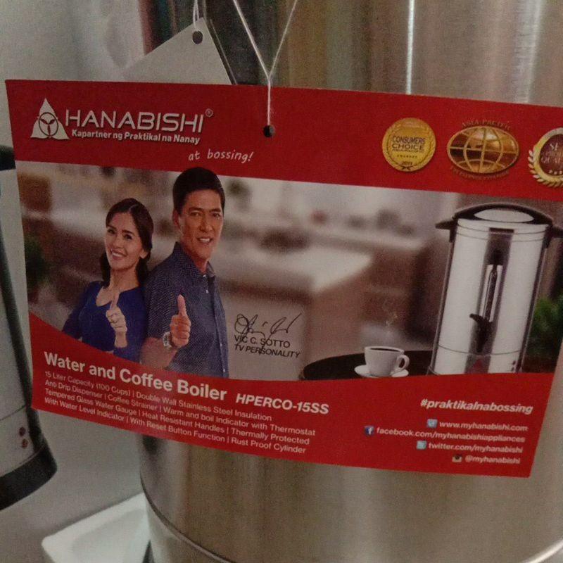 15l.hanabishi Percolator HPERCO-15SS (Category: Other Kitchen Appliances) located in Caloocan City. Submitted by camileventura123456 (Listing ID 1185460952, Image 2). Description: Hanabishi Percolator HPERCO-15SS Description💯 ✅15-liter capacity (100 cups). ✅Double wall stainless steel insulation. ✅Anti-drip dispense.r ✅Coffee strainer. ✅Warm and boil indicator with thermostat. ✅Tempered glass water gauge. ✅Heat resistant handles. ✅Thermally prot