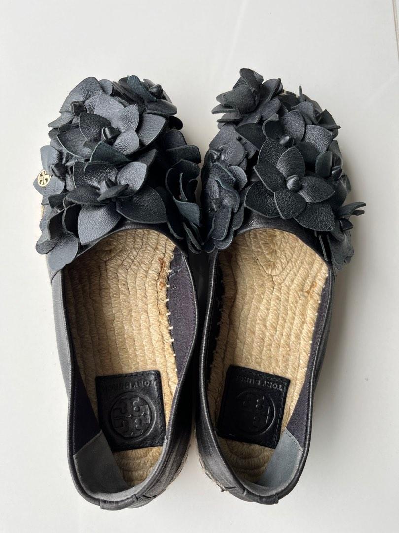 $60 Tory Burch Blossom Espadrille Black Leather Flowers Flats Shoes 5,  Women's Fashion, Footwear, Loafers on Carousell