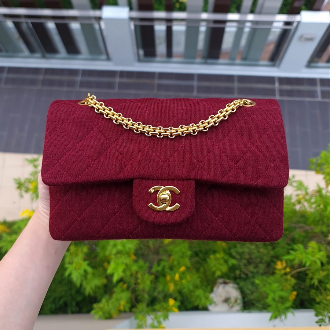 🍷 VINTAGE CHANEL BURGUNDY SMALL CLASSIC FLAP BAG CF JERSEY WINE