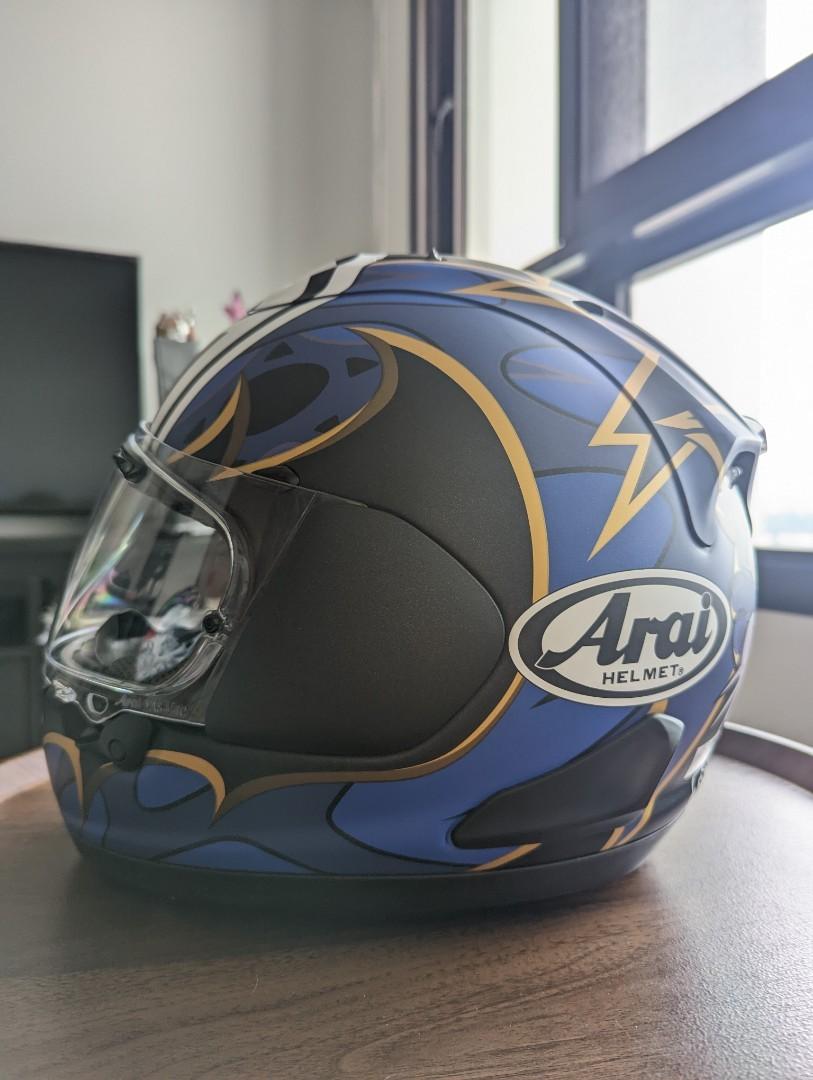 2 x Arai Full Face Racing Helmet (Oriental & Nakasuga 21) (Category: Motorcycle Accessories) located in Singapore. Submitted by kixforlyfe (Listing ID 1185357885, Image 3). Description: Arai full-face racing helmet Suitable for sportsbike riders Imported by Chiap Lee Selling as a bundle of 2 $750 each if ala carte - refer to individual listings: Oriental in matte blue - Size S (55.56cm) https://carousell.app.link/wb9McrOfotb Nakasuga 21 (blue dra