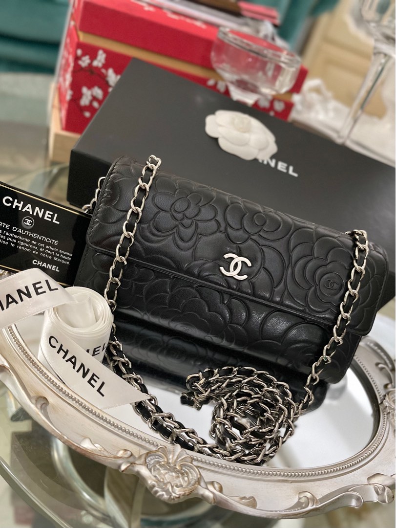 Chanel Pink/Metallic Silver Leather Camellia Wallet on Chain