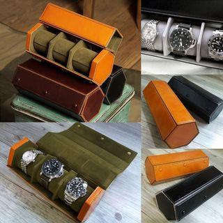 BRAND NEW HAND CRAFTED  HEXAGON STYLE WATCH ROLL CASE  IN FINE OIL WAXED ITALIANO LEATHER  WITH LUXURY SUEDE LINING