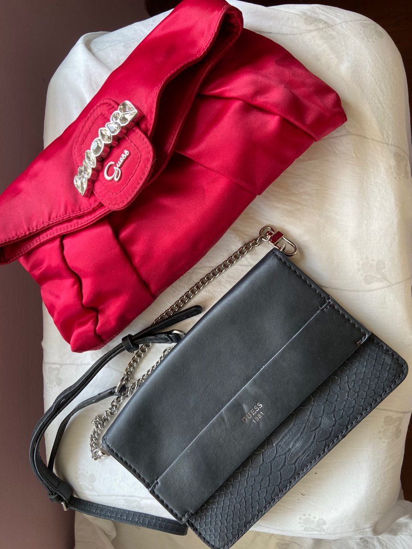 GUESS satin red clutch / leather crossbody buy 1 free 1, Women's Fashion, Bags & Wallets
