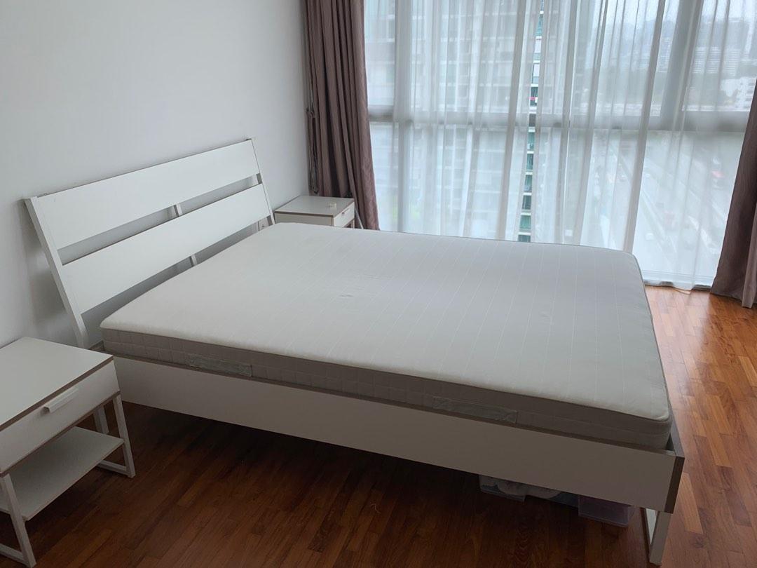 Ikea Trysil White & Brown Queen Bed Frame & Mattress, Furniture & Home