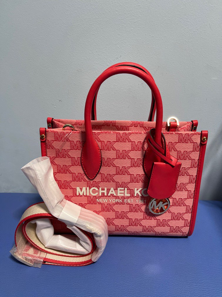 Michael Kors Mirella Small Shopper Top Zip Tote Crossbody Carmine Pink  Leather 