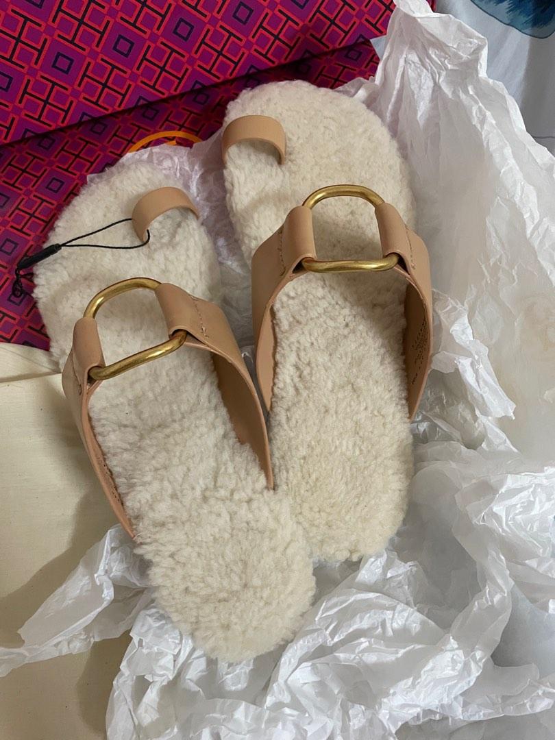 New Tory Burch Brannan Shearling Sandal Natural Leather Womens