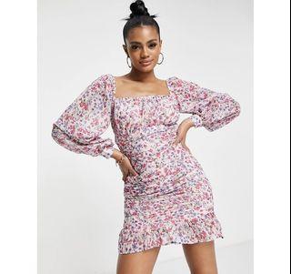 Parisian ruched body-conscious mini dress in floral print-Pink