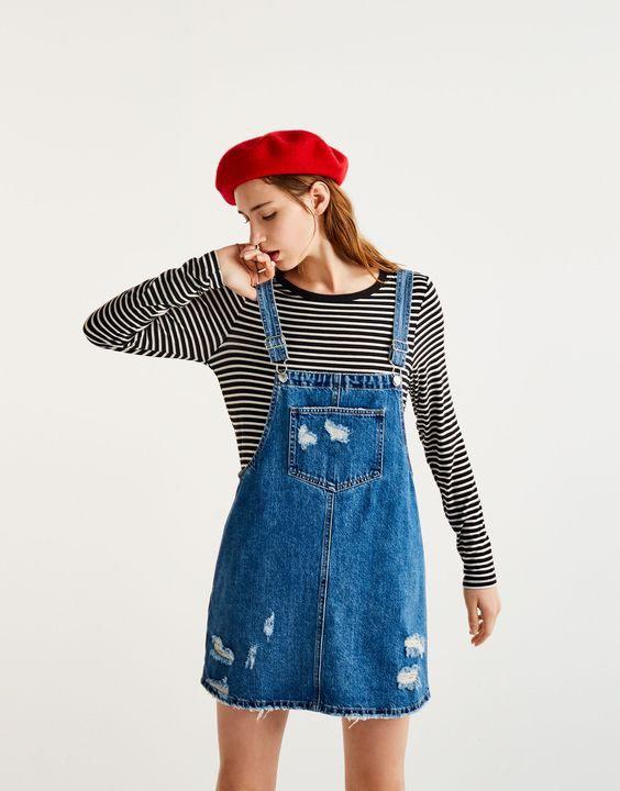 Pull Bear Ripped Denim Pinafore Dress
