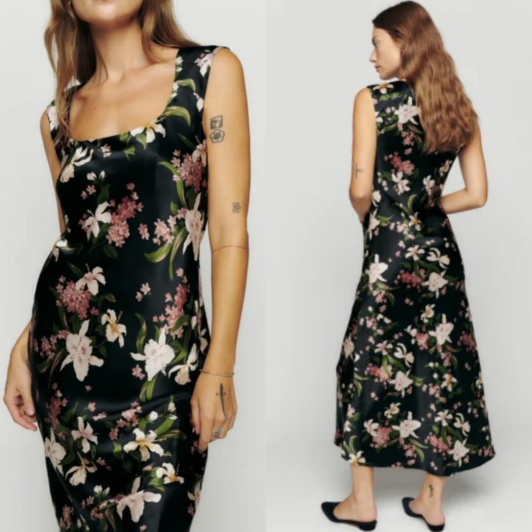reformation hendrix silk dress Reformation Hendrix Floral Print Silk Satin Midi Dress Large BNWT