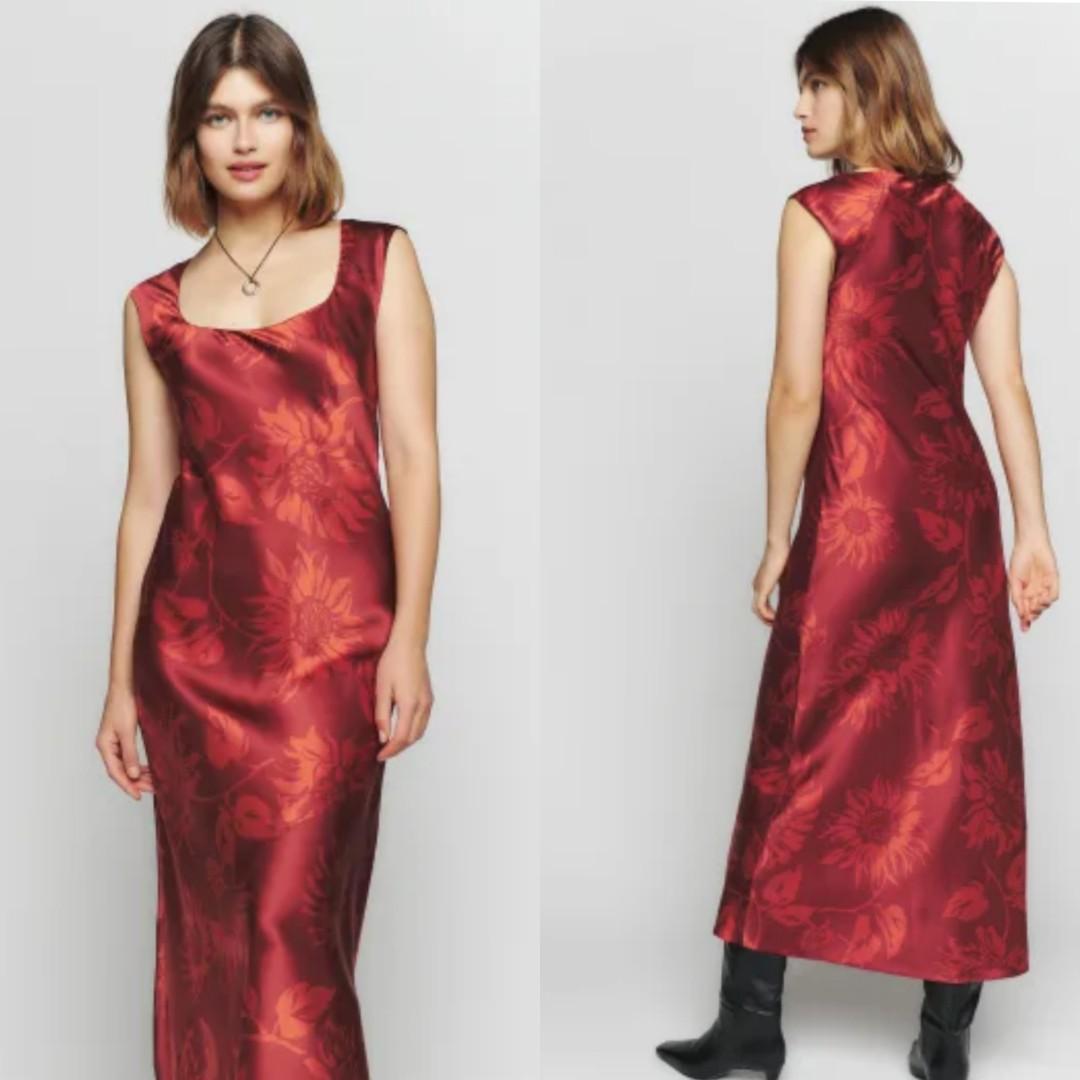 reformation hendrix silk dress Reformation Hendrix Floral Print Silk Satin Midi Dress Large BNWT
