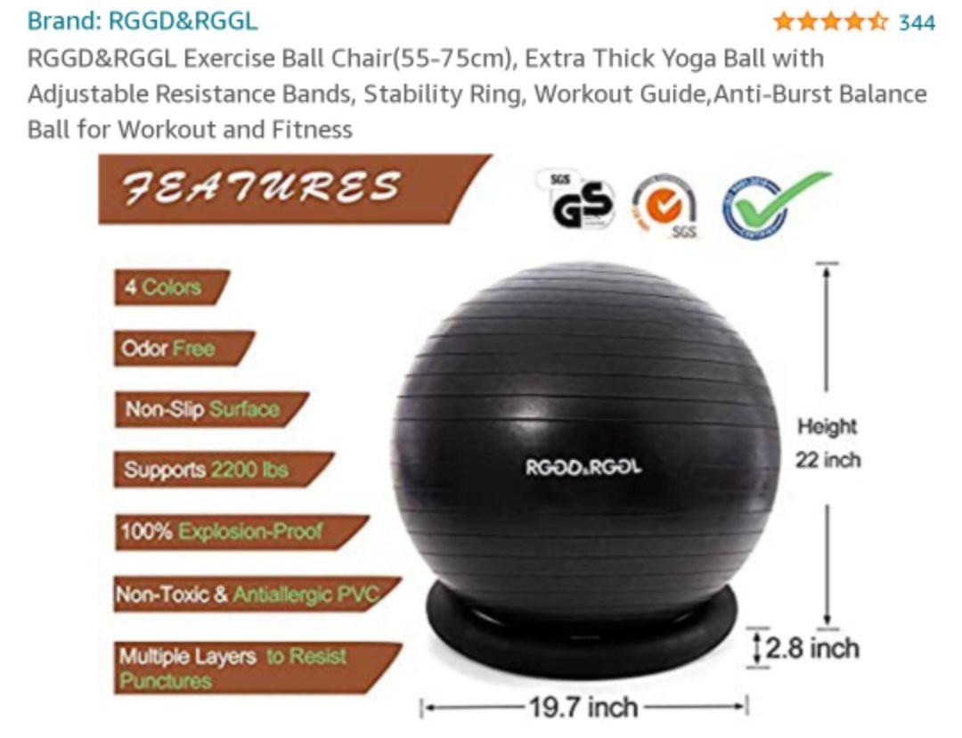 RGGD RGGL Exercise Ball Chair 55cm Extra Thick Yoga Ball with Adjustable Resistance Bands Stability Ring Workout Guide Anti Burst Balance Ball for