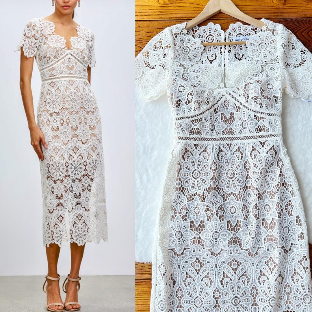 self-portrait ivory floral guipure midi dress self-portrait Floral Guipure Midi Dress in Ivory
