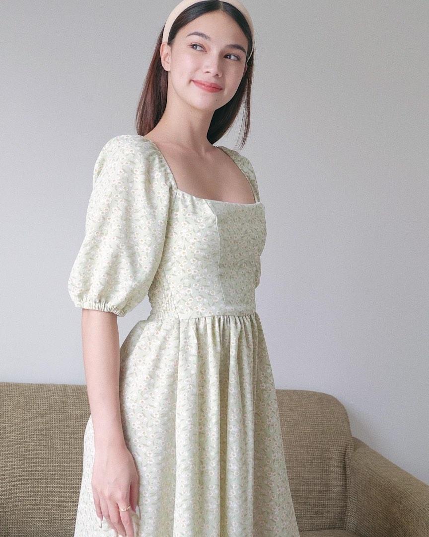 Sunnyside Clothing Roxanne Midi Dress Puff Sleeves, Women's Fashion