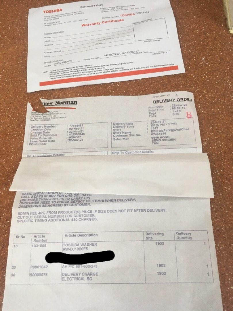 Toshiba AWDJ1000FS washer with 5 year Harvey Norman warranty, TV