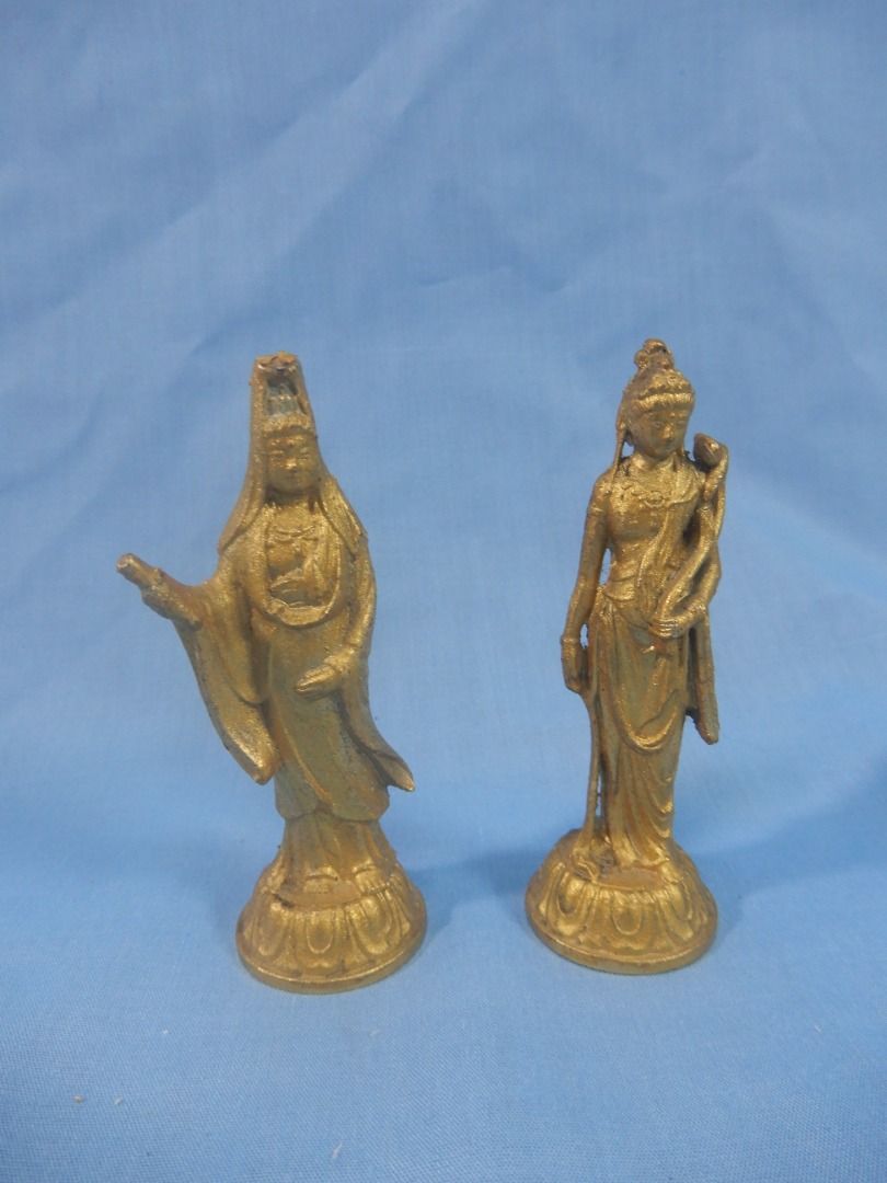 Vintage bronze miniature statues Kwan Yin Goddess of Mercy pair circa