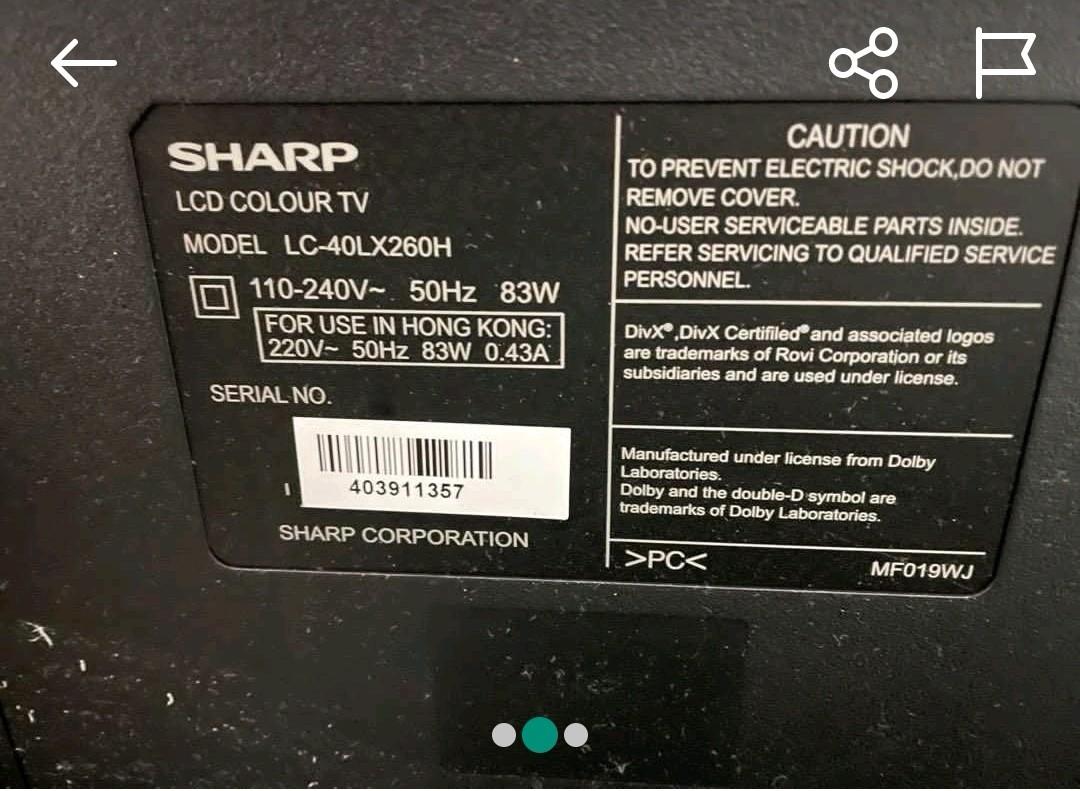 40寸sharp （分類：電視）位於 Hong Kong。 由 keithngng 提交（商品編號 1185700947，圖片 3）。簡介： 40寸 Sharp 內置解碼器 不是智能電視。