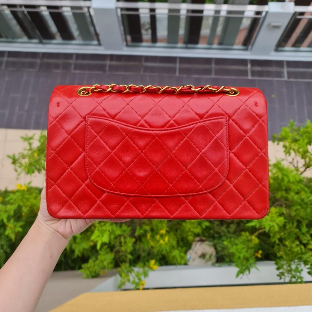 🔴 (RARE!) VINTAGE CHANEL CLASSIC FLAP BAG RED MEDIUM LAMBSKIN 24K GOLD  HARDWARE GHW DOUBLE DF CF / mini small jumbo caviar