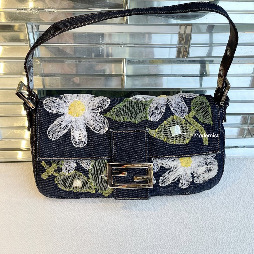 Authentic Vintage Fendi Denim Baguette Bag with Lace Floral