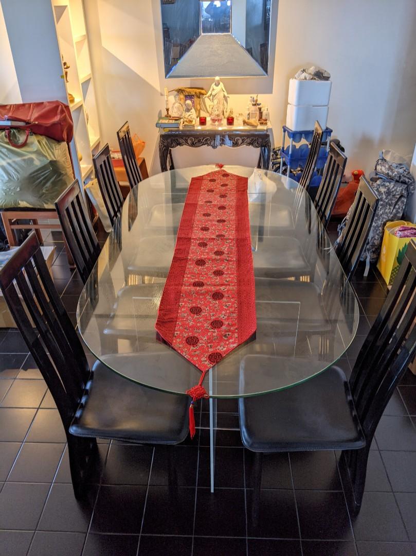 Designer Swiss made glass dining table with 8x chairs, Furniture & Home