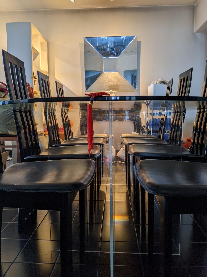 Designer Swiss made glass dining table with 8x chairs, Furniture & Home