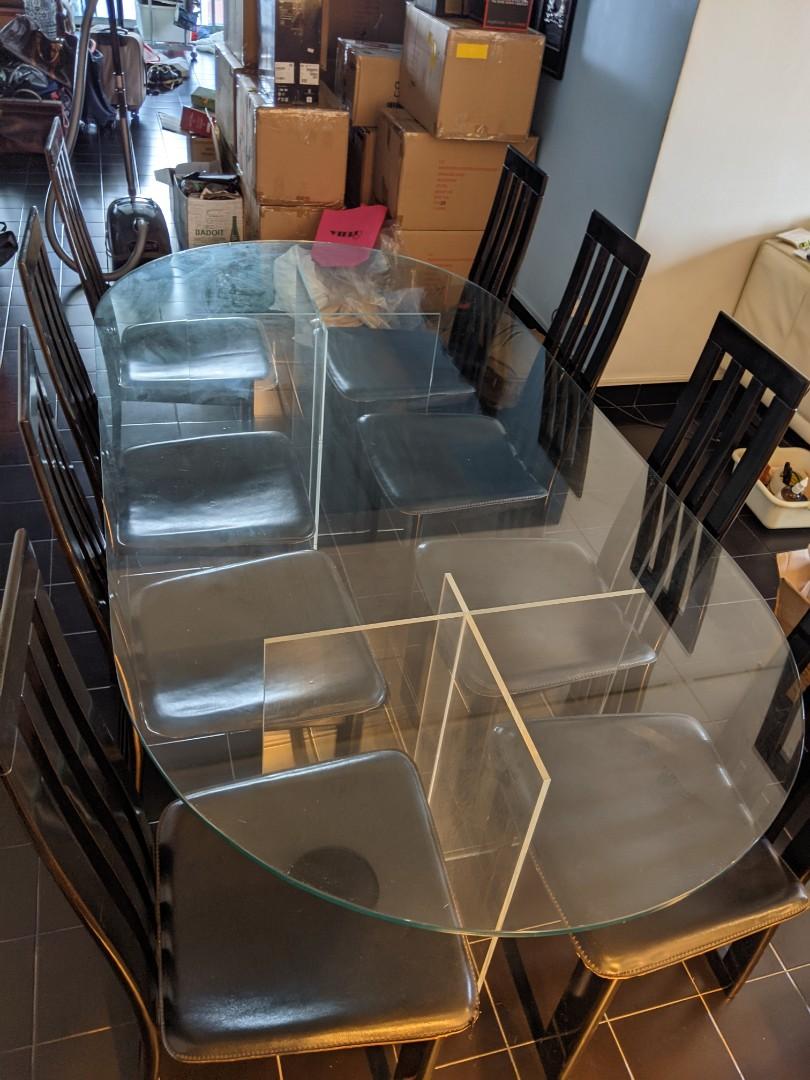 Designer Swiss made glass dining table with 8x chairs, Furniture & Home