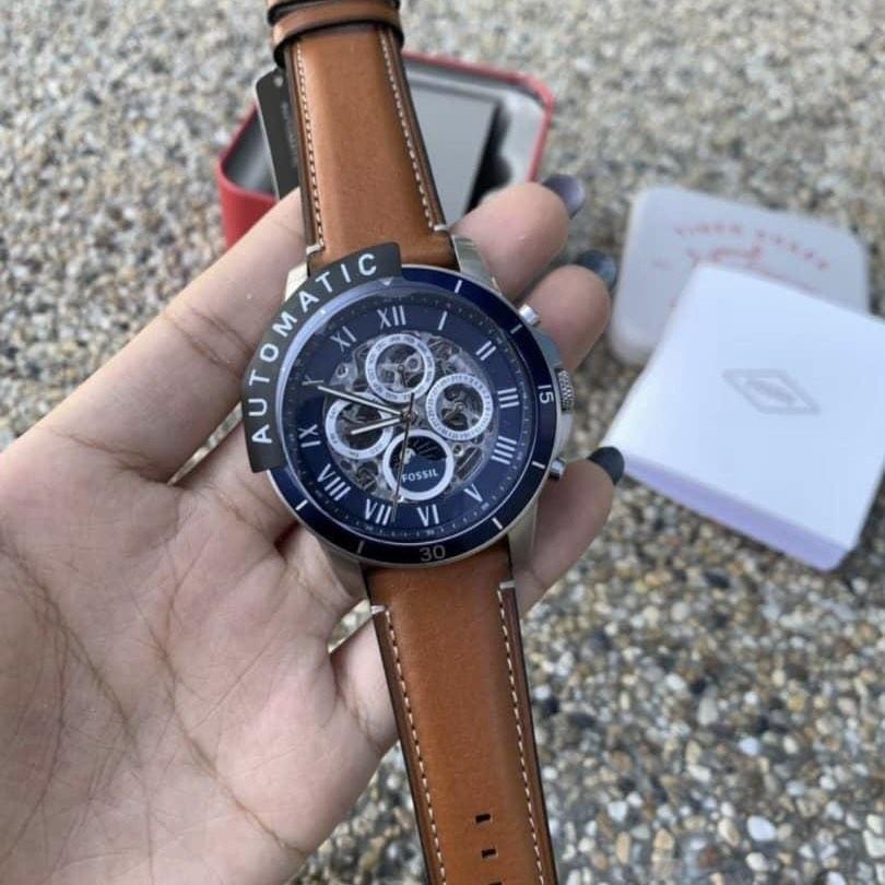 RESTOCK ORIGINAL FOSSIL GRANT AUTOMATIC BLUE DIAL BROWN LEATHER