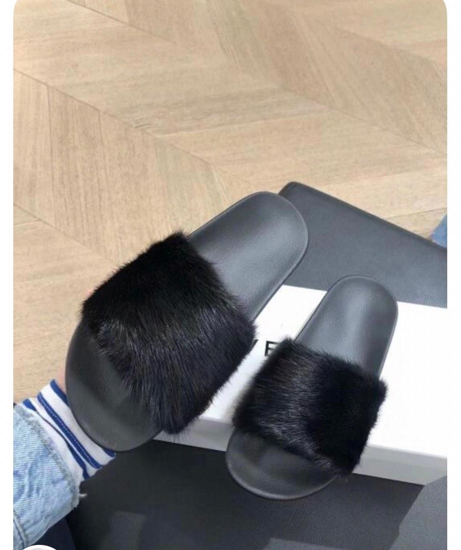 Givenchy furry slide flat sandal black Women s Fashion Footwear