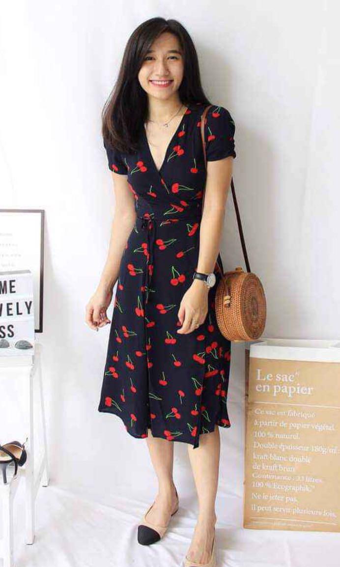 Heart Print Wrap Black Dress, Women's Fashion, Dresses & Sets, Dresses