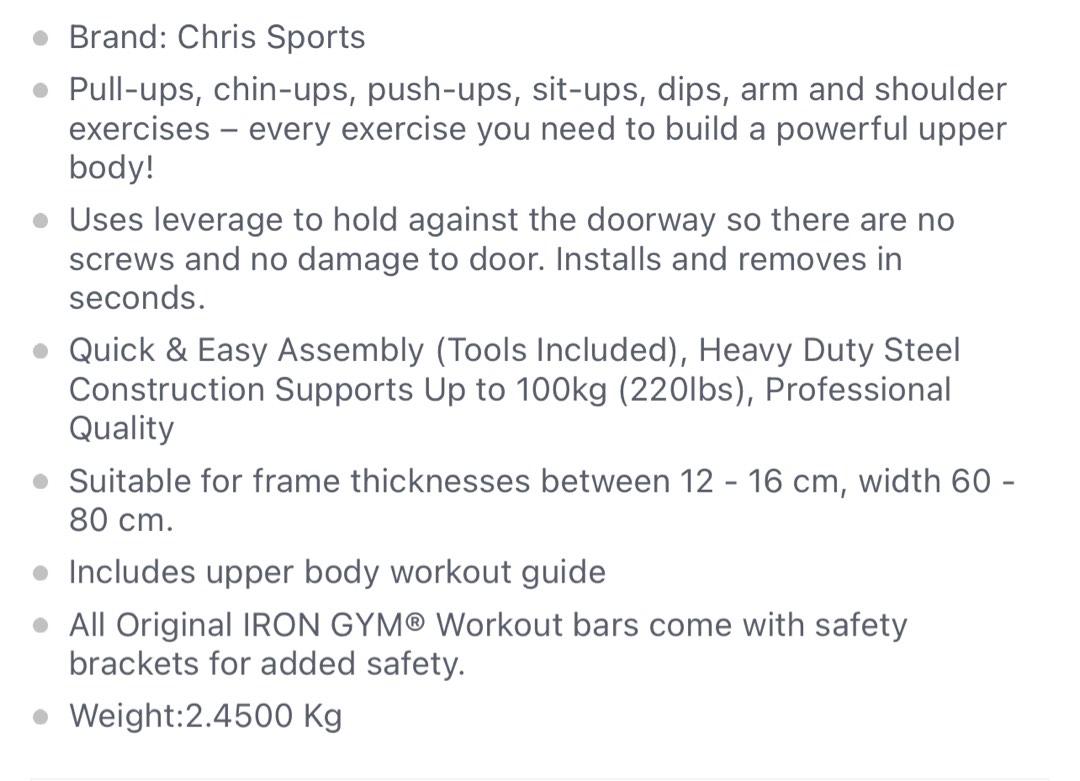 Iron Gym Original Pull Up Bar Chris Sports, Sports Equipment
