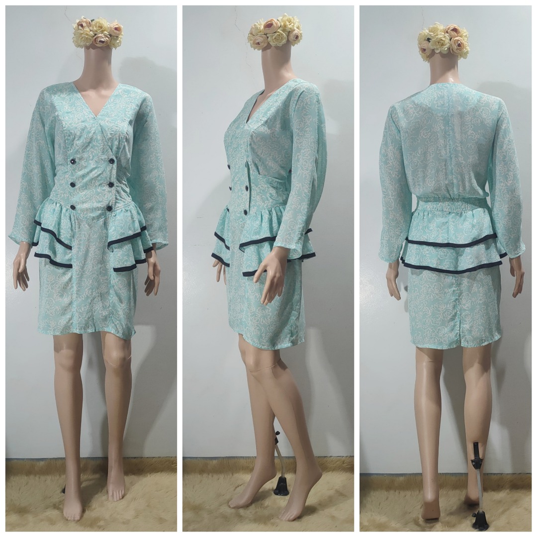 Light blue floral office dress with ruffled skirt and bat sleeves, Women's Fashion, Dresses