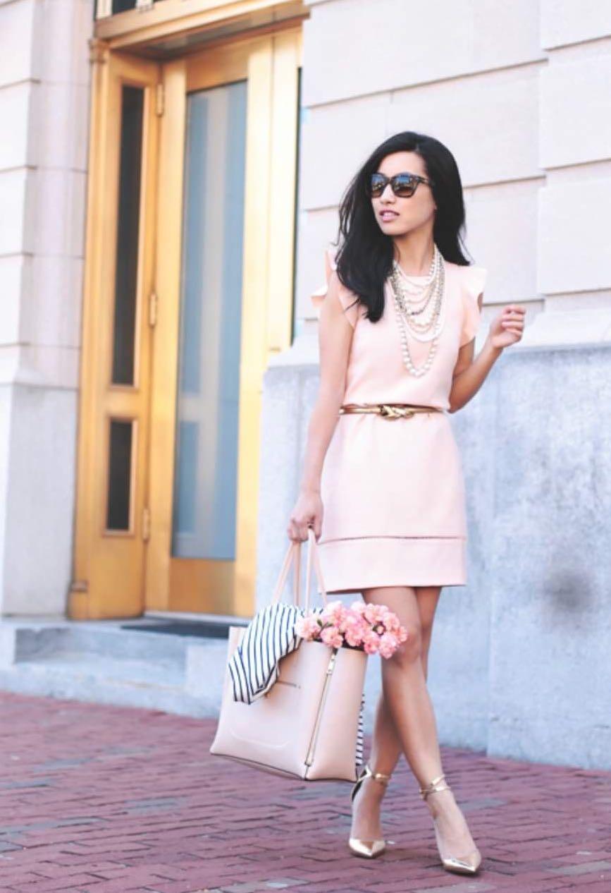 Peach pink ruffle sleeves dress tea party work OL office dress